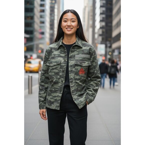 H&M Jackets & Blazers - H&M NYC Divided Green Camo Jacket Orange Lettering New York Theme Sz M